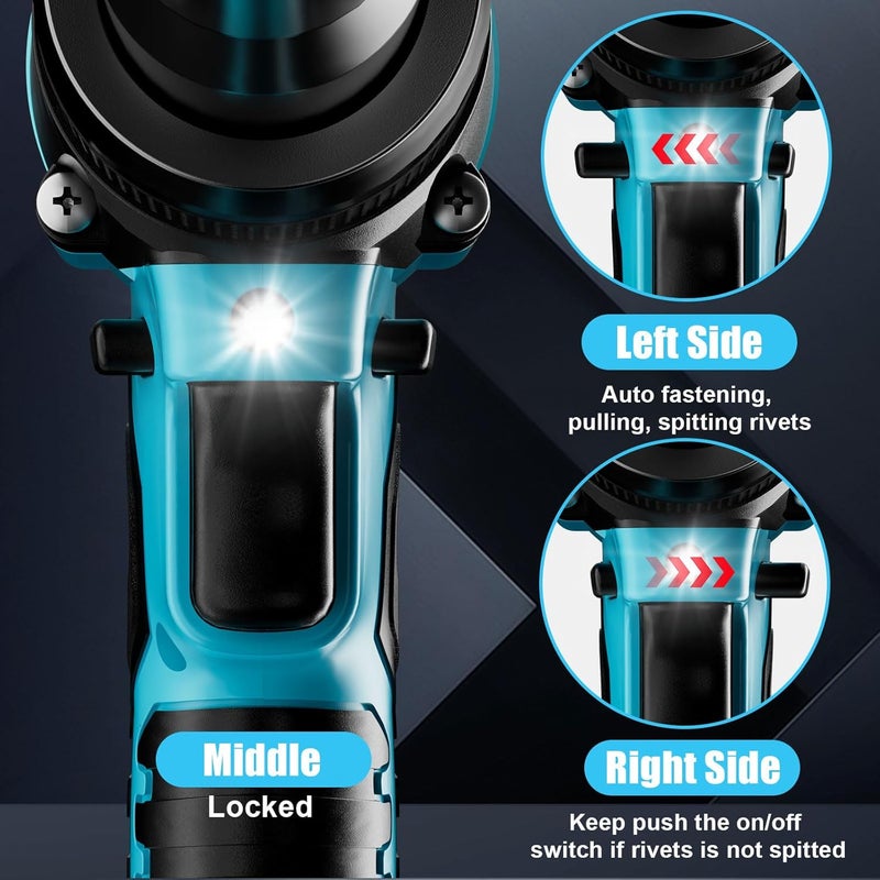 Cerycose Rivet Gun Compatible with Makita 18V Battery,Cordless Riveters Tool,Brushless Rivet with 3 Size(1/8", 5/32", 3/16") Aluminum Rivets & LED Light for Construction,Metalworking - Image 3